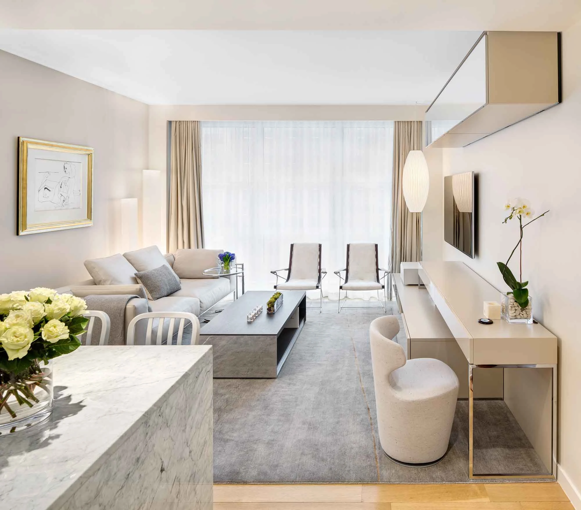 Completed living and dining spaces at the Bowery residence